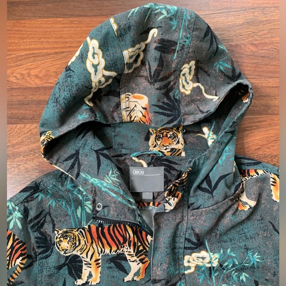 ASOS Overhead Hooded Jacket Coat Men Small Green Tigers Cotton Warm Pockets - Picture 5 of 6
